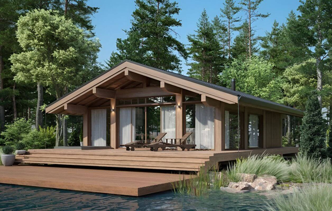 Баня под ключ 8 на 8 с кухней гостиной и открытой террасой "Линарес"