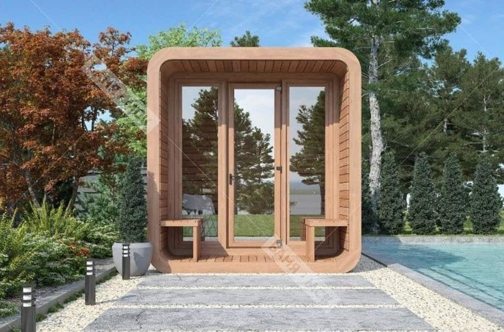Визуализация капсульной бани Panorama Mini с крыльцом