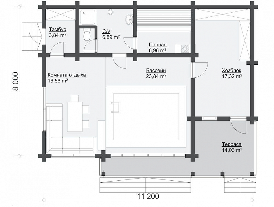 Баня из клееного бруса с бассейном «Панормо»