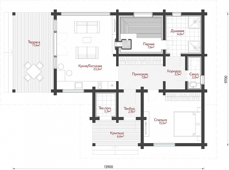 Баня из клееного бруса с панорамными окнами 10 на 14 Астория