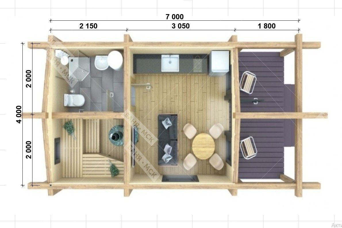 Проект одноэтажной бани из клееного бруса с комнатой отдыха и парной -  строительство деревянной бани 7х4 с террасой и туалетом