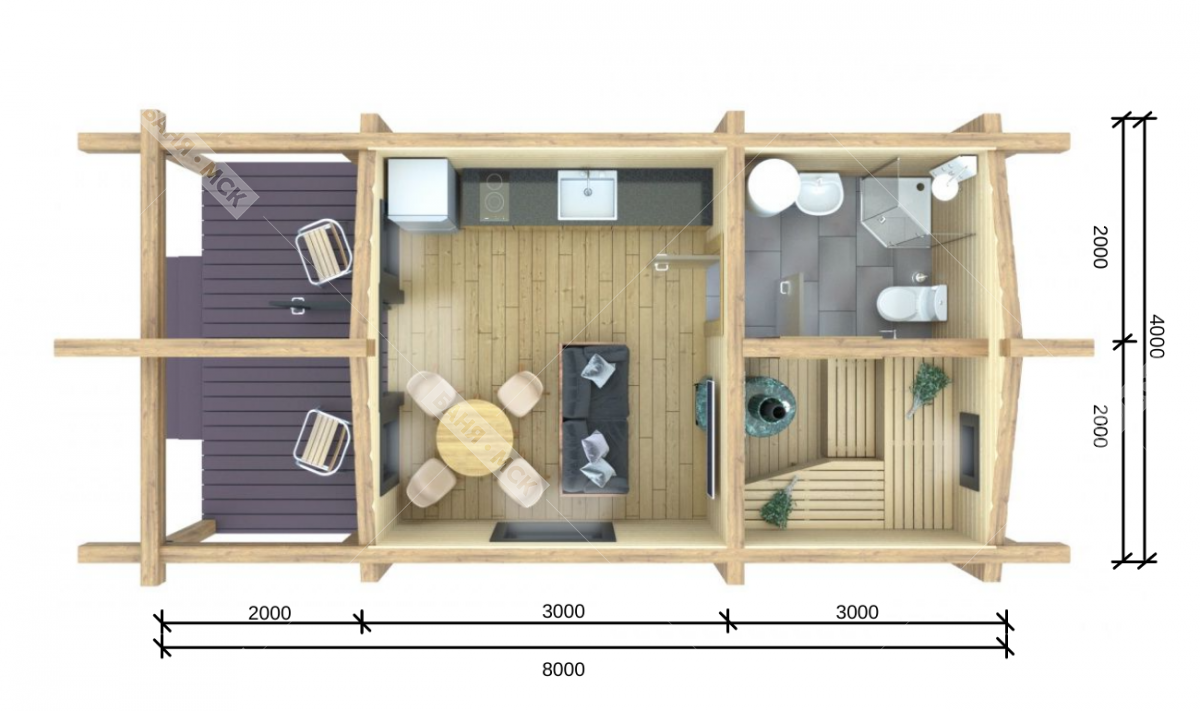 Проект небольшой бани из клееного бруса 8х4 с комнатой отдыха и спальней -  строительство бани из бруса 8 на 4 по финской технологии с панорамными  окнами и кухней гостиной