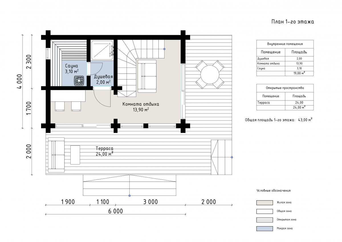 Баня 6х4 из бруса Арлон - 1 этаж