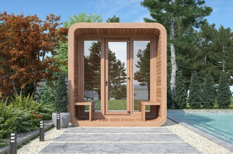 Мобильная баня Panorama M (с крыльцом и скамейками)