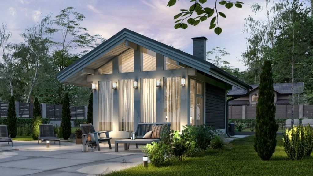 Баня из бруса фахверковая с панорамными окнами Эссен