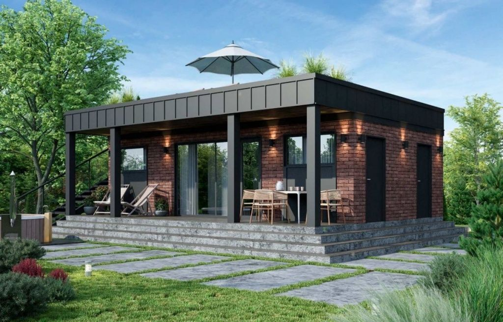 Баня под ключ 7 на 9 с панорамными окнами и террасой Виттен