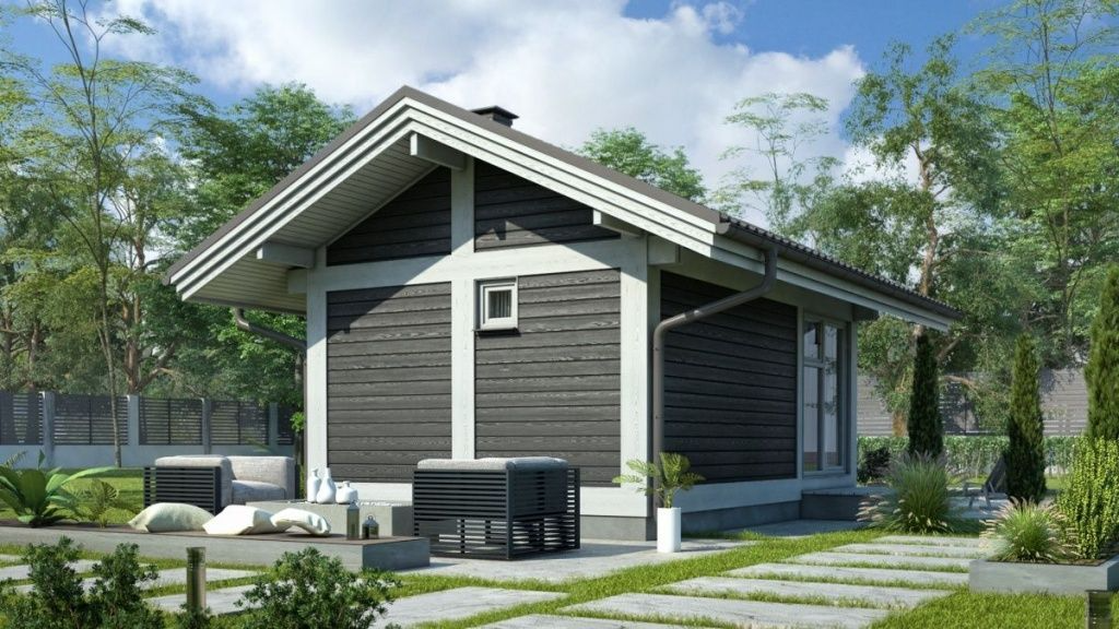 Баня из бруса фахверковая с панорамными окнами Эссен