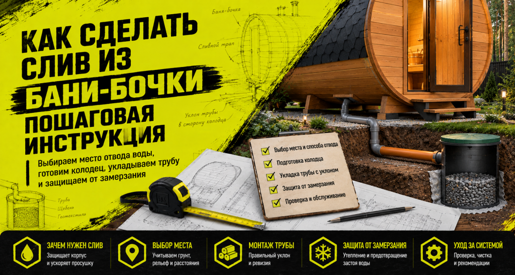Как сделать слив из бани-бочки