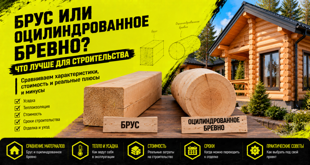 Что лучше: брус или оцилиндрованное бревно для строительства?